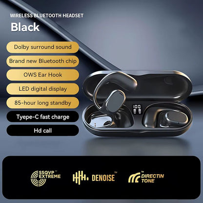 Wireless Bluetooth Earphone Bone Conduction Headphones Sports Earbud Ear-hook Waterproof Noise Reduction Earpods Display Touch Control Game Earpiece with Charging Case