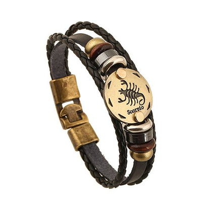 12 Constellations Multi-layer Leather Cuff Chain Lucky Charm Fashion Bronze Alloy Buckles Bracelets