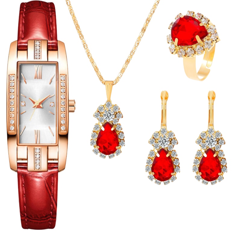 5PCS Women's Watch Earrings Necklace Ring Set Diamond Square Watch Jewelry Set Business Wristwatch Quartz Ladies' Watch