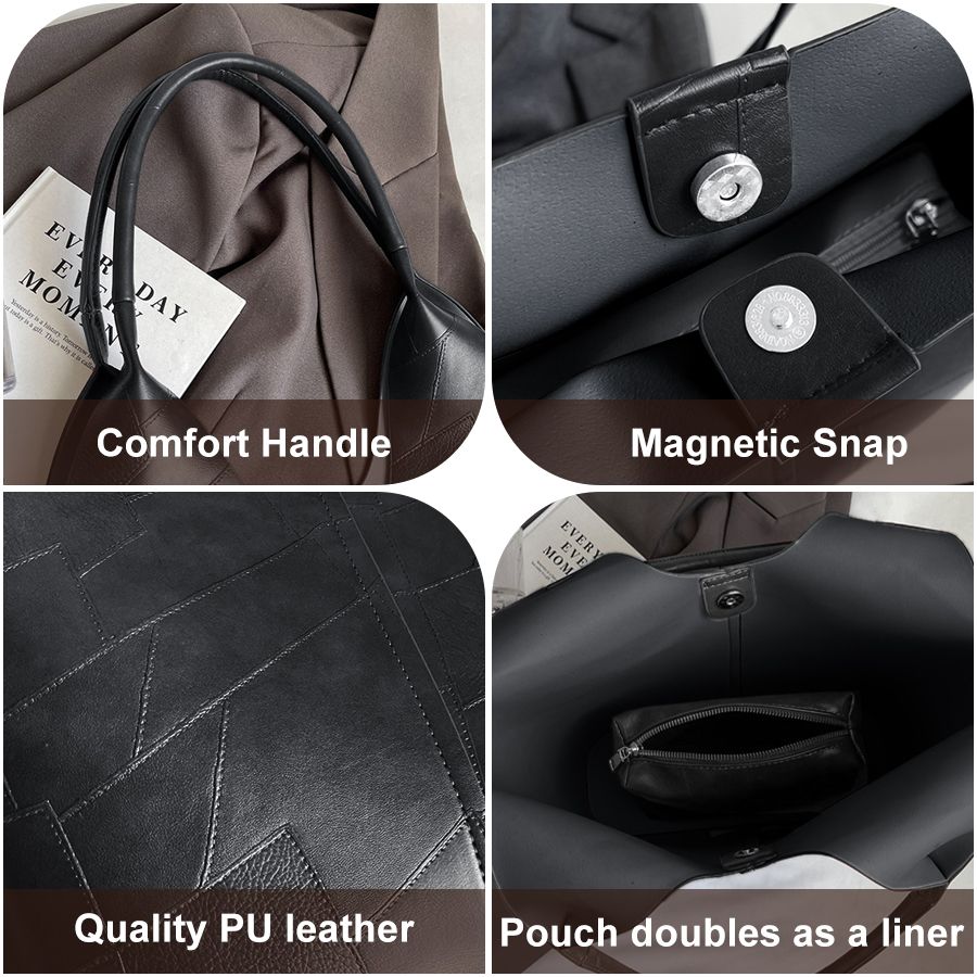 2 In 1 Korean Ladies Handbag Small Bag Set Large Capacity PU Bags - Black