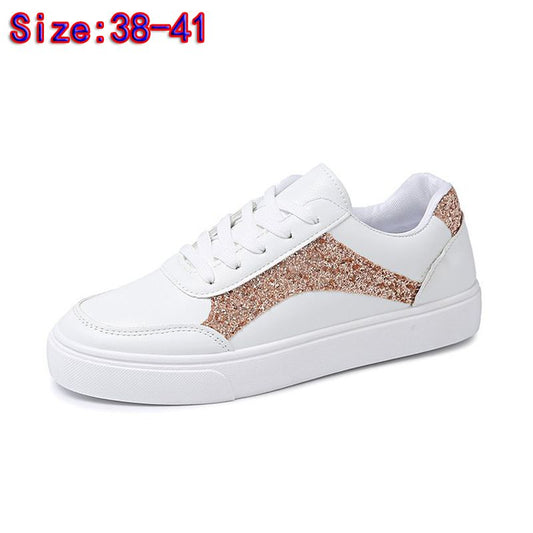 Size 38-41 Women's PU artificial leather white shoes ladies fashion sports athletic students running sneakers girls flat casual lace-up board shoes white +golden