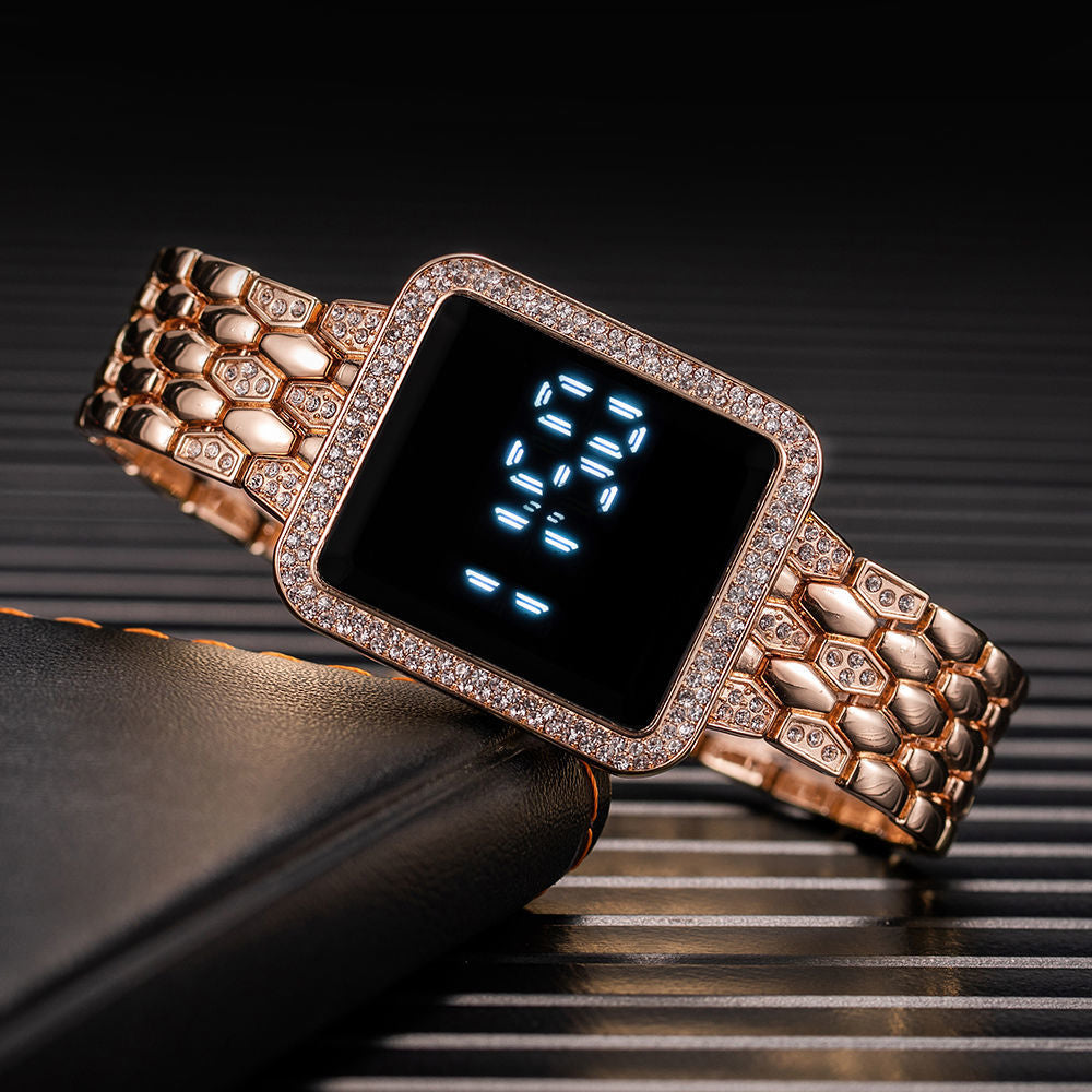 Square diamond inlaid led simple steel band watches touch wrist watch for man and women casual fashion trend electronic watchs