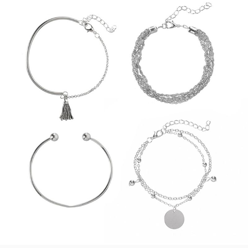 4-piece bracelet sets Simple silver glossy tassel bracelet, personalized multi-layer chain wafer