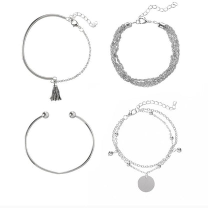 4-piece bracelet sets Simple silver glossy tassel bracelet, personalized multi-layer chain wafer