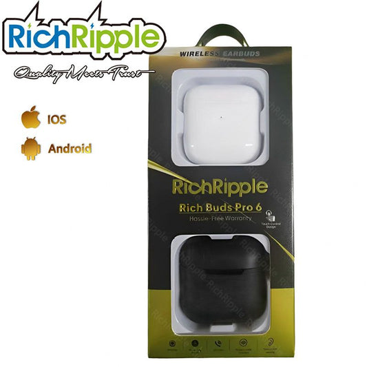 RichRipple Pro 6 Bluetooth Earphone(pro3 upgrade mini size) Pro6 Wireless Bluetooth Earpods for android&ios Pods Earbuds White with Black Covers