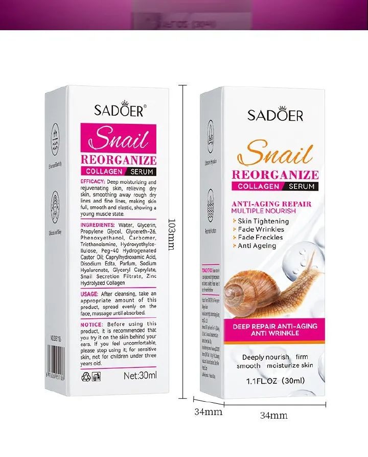 SADOER Snail Face Serum Collagen Firming Anti-Aging Moisturizing Like Vitamin C Serum, Best Anti-wrinkle , Fade Facial Freckle Skin Tightening Snail Serum