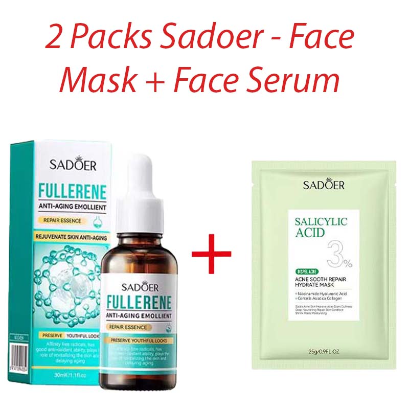 2 Packs Sadoer Salicylic Acid Face Mask + Sadoer Fullerene Serum 30ml – Deep Cleansing, Acne Control, Brightening & Anti-Aging Skincare Set for Smooth, Healthy, Glowing Skin