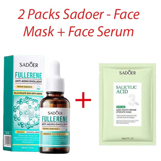 2 Packs Sadoer Salicylic Acid Face Mask + Sadoer Fullerene Serum 30ml – Deep Cleansing, Acne Control, Brightening & Anti-Aging Skincare Set for Smooth, Healthy, Glowing Skin