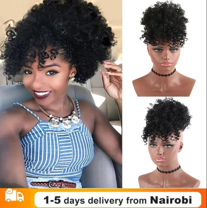 High Puff Afro Kinky Curly Synthetic Ponytail with Bangs Ponytail Hair Extension Drawstring Wigs
