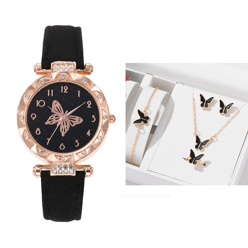 6PCS Women's Watch Earrings Rings Necklace Bracelet Set Ladies' Butterfly Jewelry Set Women's Wristwatch Leather Strap Quartz Watch Ladies' Butterfly Watch Set