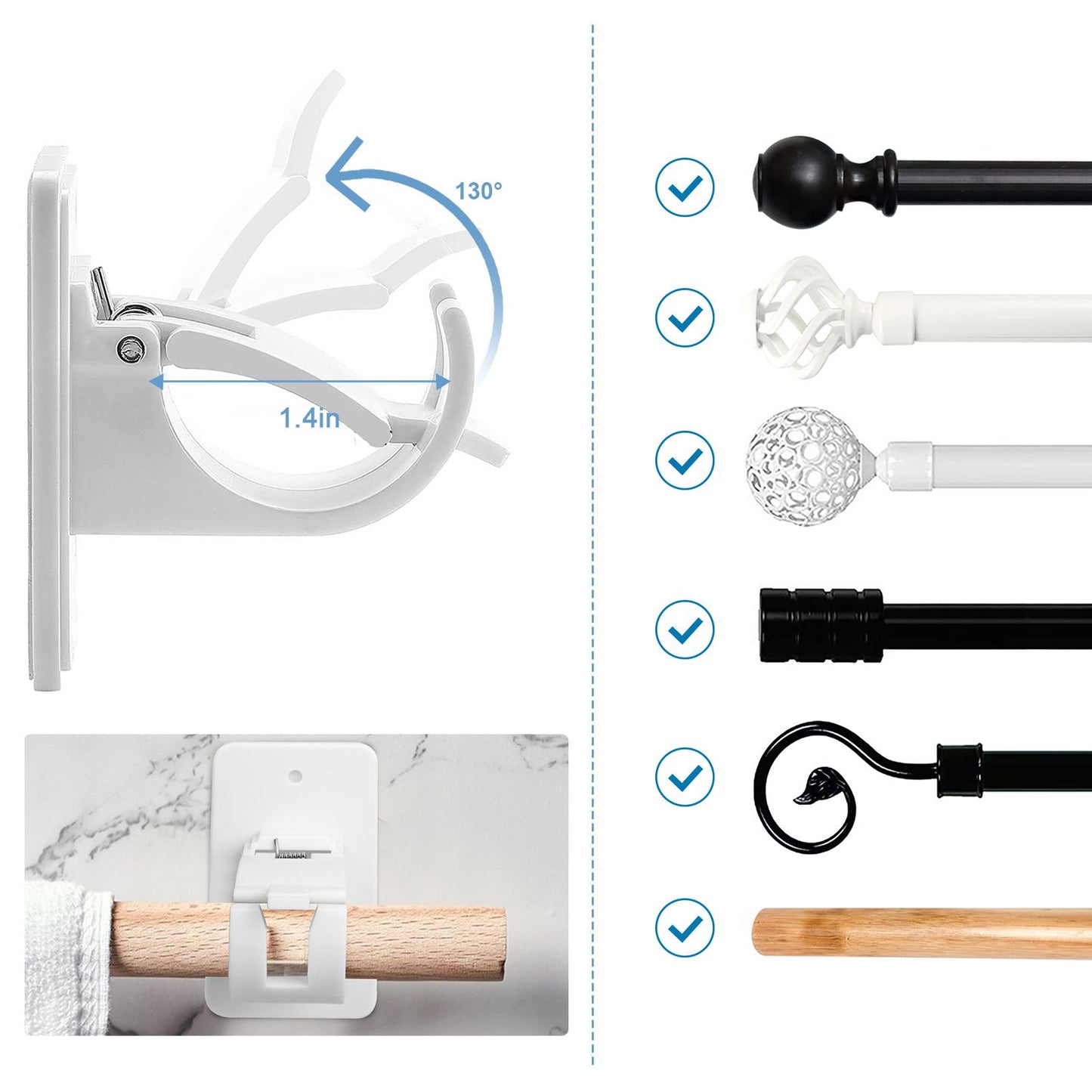 4pcs Curtain Rod Bracket, Self Adhesive Wall Mount Holder, Drapery Hook Holders Fixing Rod Holder Curtain Pole Wall Brackets Towel Rod Hooks for Home Bathroom Kitchen Hotel Use