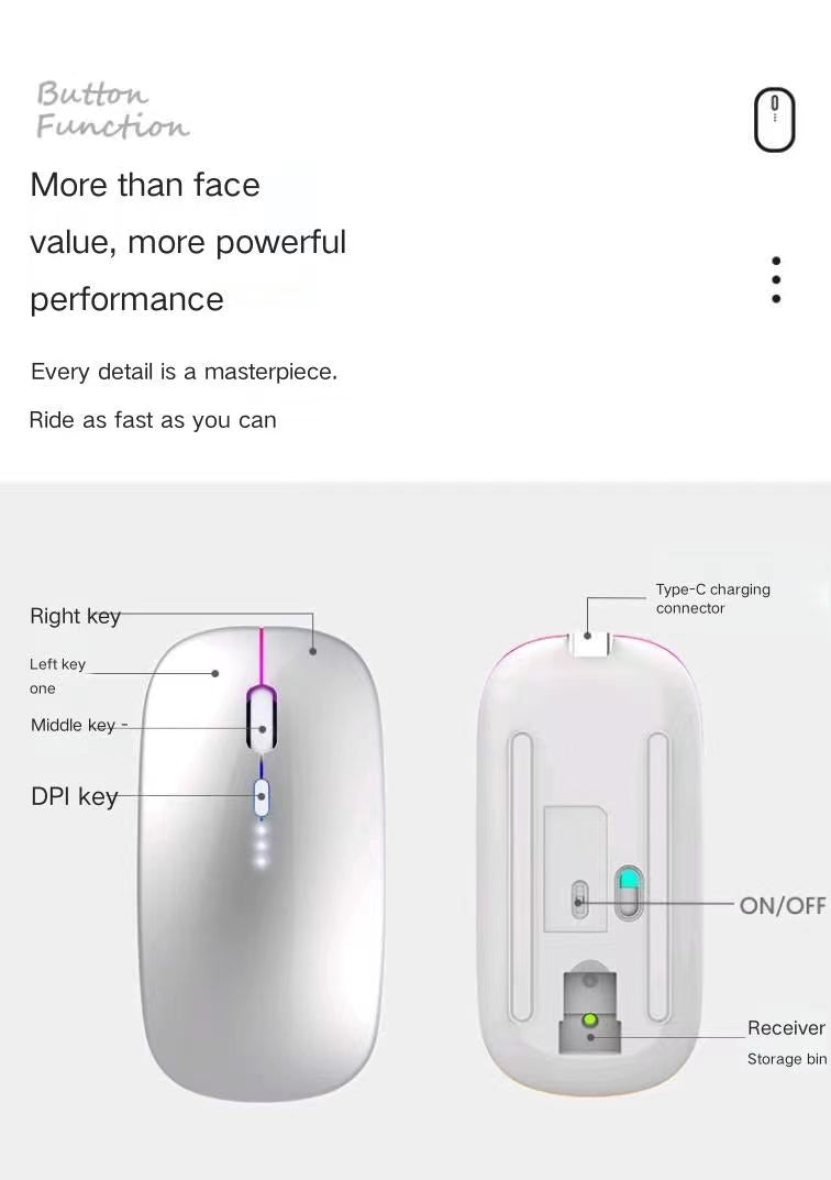 UPHUI Color Light Display Battery Rechargeable Mouse Silent Mouse Business Office Mouse Silver Dual Mode Bluetooth Mouse Portable Business Mouse