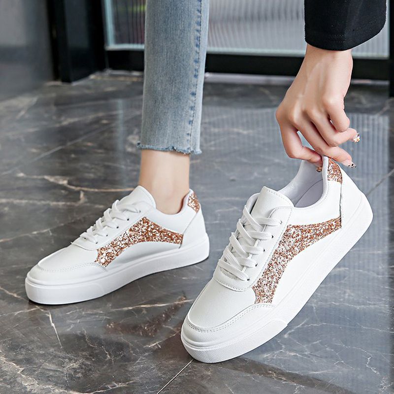 Size 38-41 Women's PU artificial leather white shoes ladies fashion sports athletic students running sneakers girls flat casual lace-up board shoes white +golden