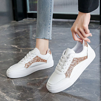Size 38-41 Women's PU artificial leather white shoes ladies fashion sports athletic students running sneakers girls flat casual lace-up board shoes white +golden