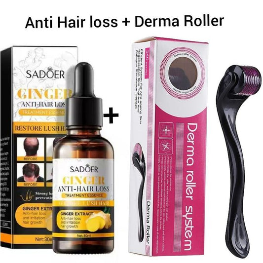 Ginger Anti Hair Loss Treatment Essence + Derma Roller , Hair Growth Restoration Anti Hair Loss Serum Minox