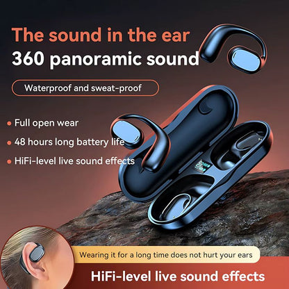 Wireless Bluetooth Earphone Bone Conduction Headphones Sports Earbud Ear-hook Waterproof Noise Reduction Earpods Display Touch Control Game Earpiece with Charging Case