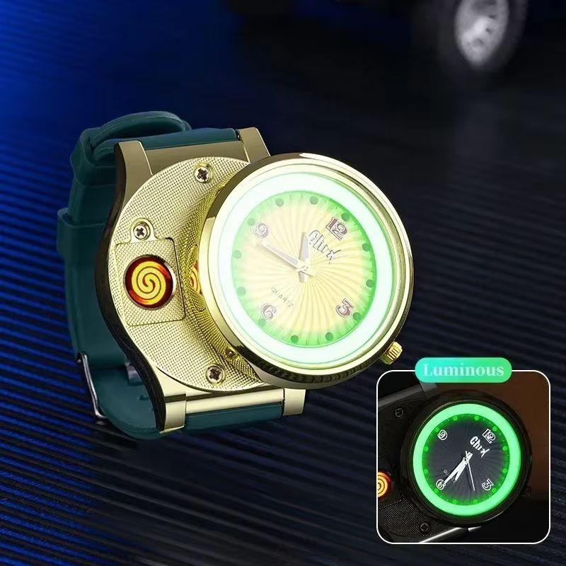 2 in 1 Men's Watch Windproof Cigarette Lighter Luminous Quartz Watch Tungsten Lighter USB Charging Boys Sports Watch Cigarette Lighter Gift