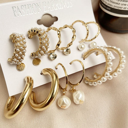 9 pairs of earring set New inlaid imitation pearl earrings exaggerated personality creative French retro gold earrings set 9-piece women's fashion accessories jewelry