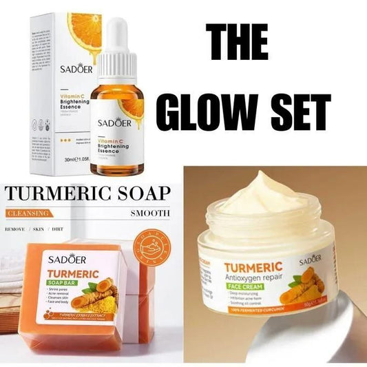 Glow Set 3 In 1, Vitamin C + Turmeric Cream + Tumeric Soap, Moisturzing, Anti-age, Fade Spots Anti-acne & Oil Control Combination Smoothing Deep...