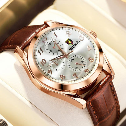 WOKAI Watch Men Casual Business Watches Leather Band Quartz Fake Three Eye FashionWristwatches Men Gift