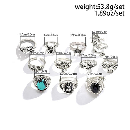 11Pcs Fashion Design Sense Niche Premium Ring Turquoise Men's Ring Set