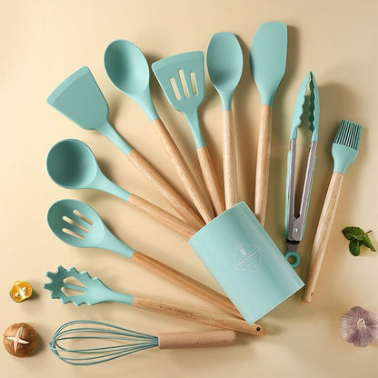 800g 12Pcs Set Wooden Handle Silicone Kitchen Utensils High Quality Silicone Kitchen Utensils Non-stick Pan Cooking Spatula Baking Storage Tool