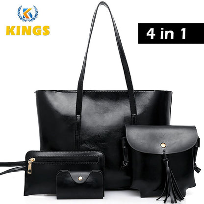 4 In 1 Ladies Shoulder Bag Cross-body bag Purse Bag Set Women Handbag Zipper Tote Bag Large Capacity Waterproof PU Leather Bag Kings Fashion