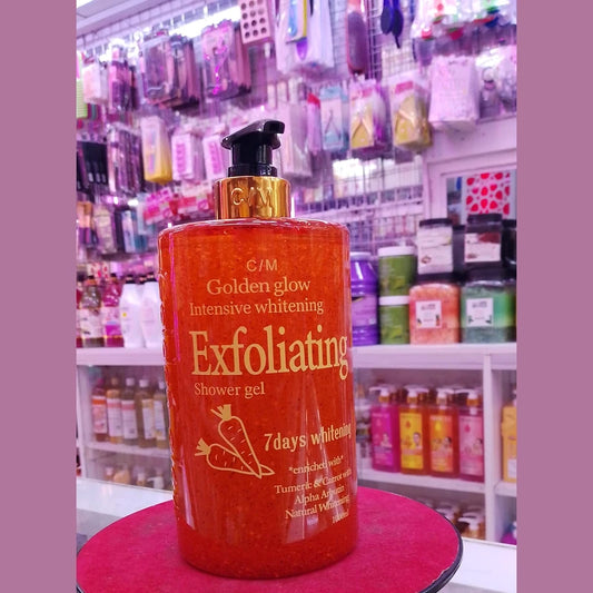 Orange bottle of C&M Exfoliating Shower Gel with a store shelf in the background