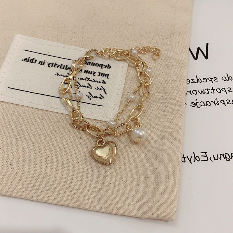 1-piece Elegant and Popular Fashionable and Versatile Bracelet Love Pearl Double Layer Bracelet Peach Heart Pendant Handicraft for Women