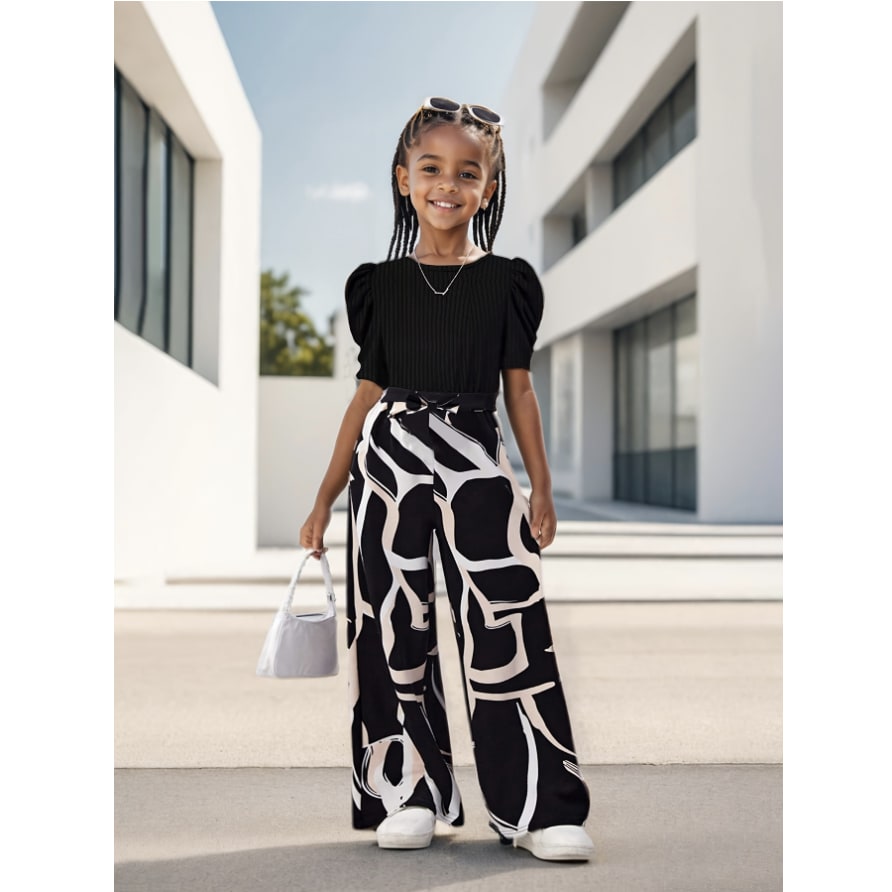 Two-Piece Set(T-shirt+Pants) Girls' Summer - Bubble Sleeve Top & Floral Print Wide Leg Pants, Trendy Casual Outfit for Kids with Vintage Chic Style