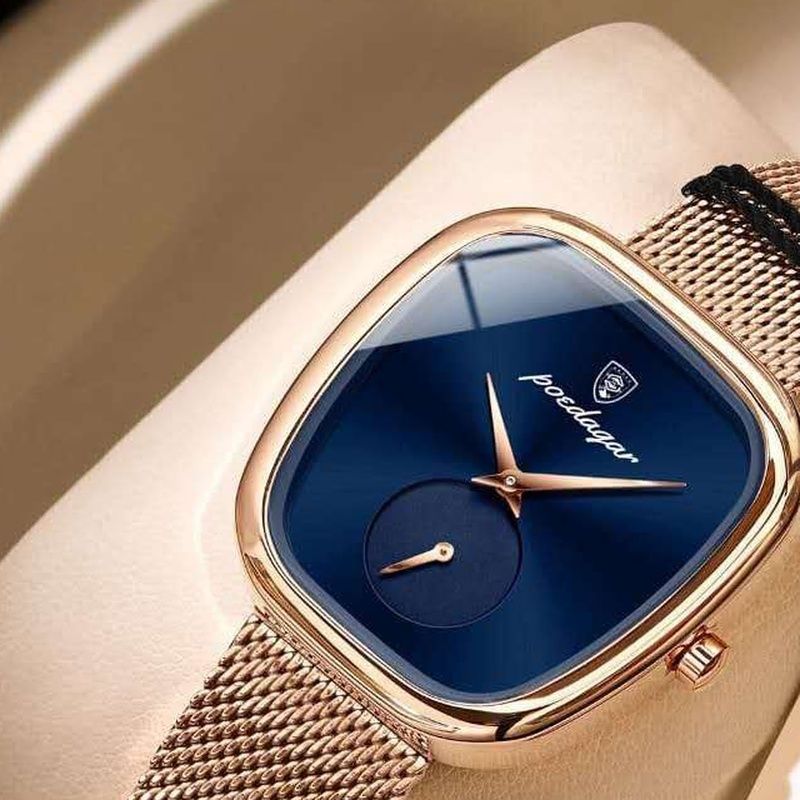 POEDEGER Design Women’s Luxury Blue Dial Rose-Gold Mesh Watch – Minimalist Square Case, Quartz Movement, Stainless-Steel Milanese Strap, Small Seconds Sub-Dial, Gift Box, Elegant Dress Wristwatch