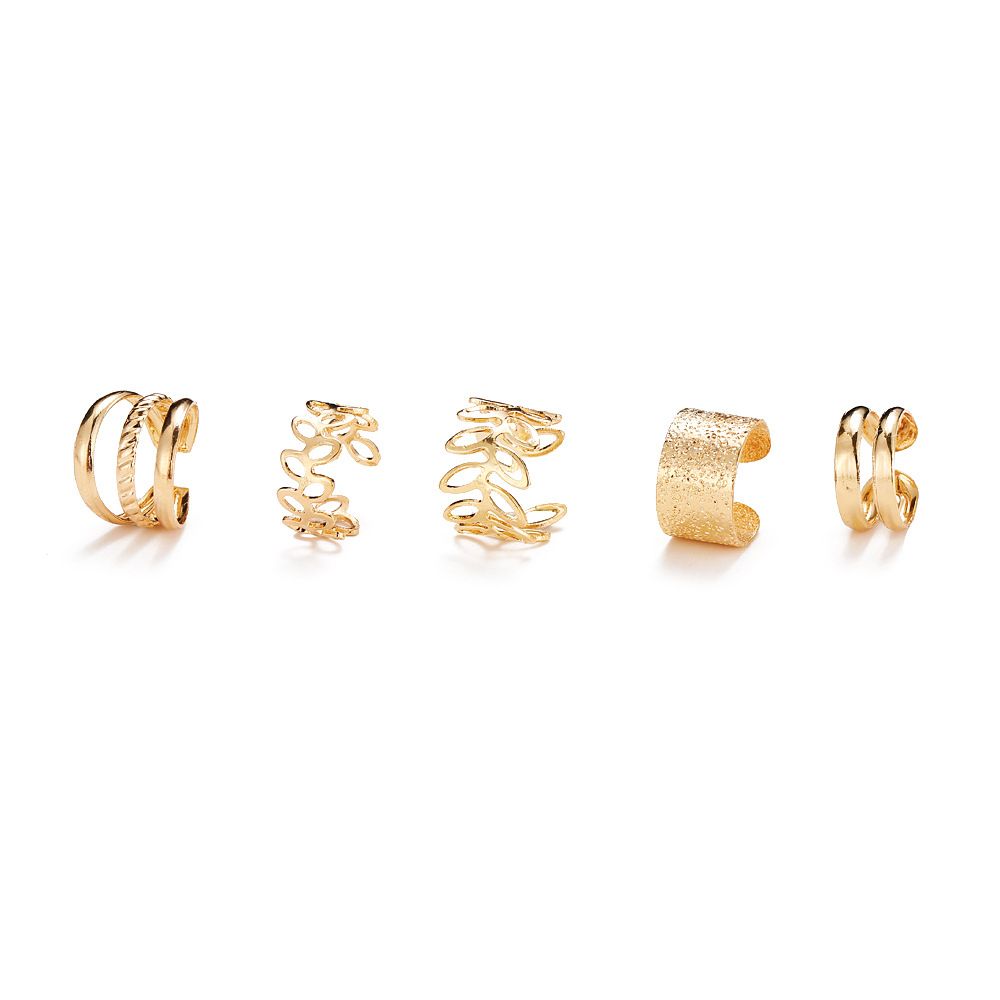 Creative simple no piercing ear bone clip 5-piece personalized gold leaf hollow-out multi-layer earrings C-shaped ear clip has layers