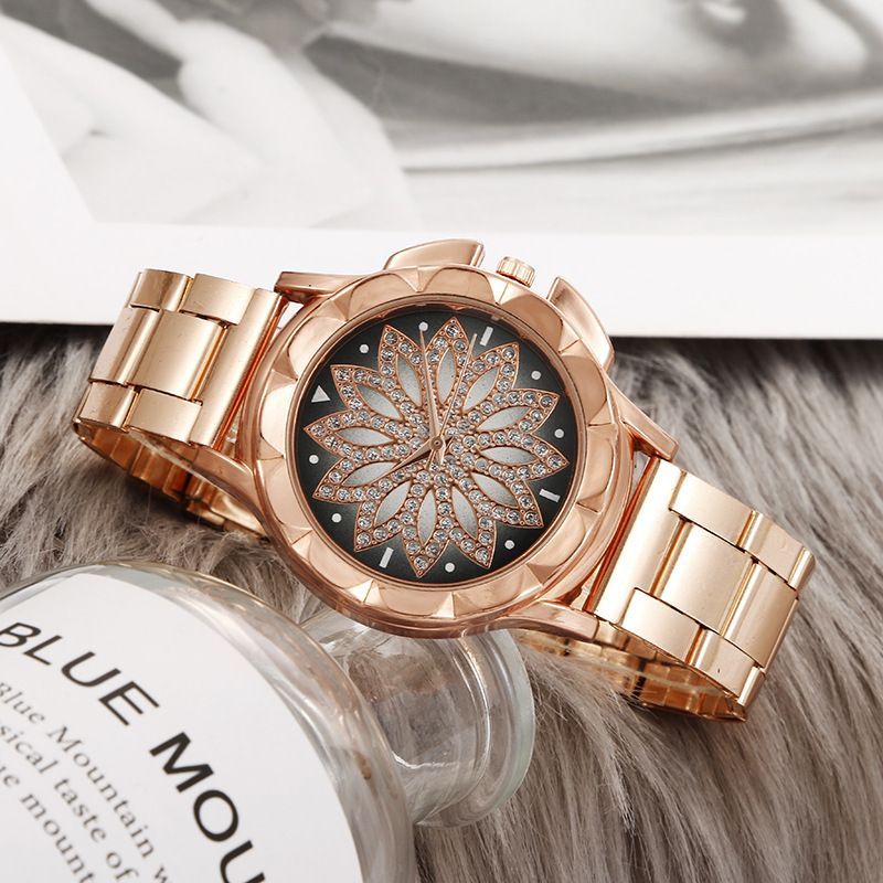 ZHJH Women's Watch Steel Strap Lotus Diamond Watch Luxury Business Watch Alloy Women's Watch Rose Gold Watch