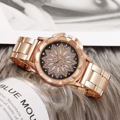 ZHJH Women's Watch Steel Strap Lotus Diamond Watch Luxury Business Watch Alloy Women's Watch Rose Gold Watch