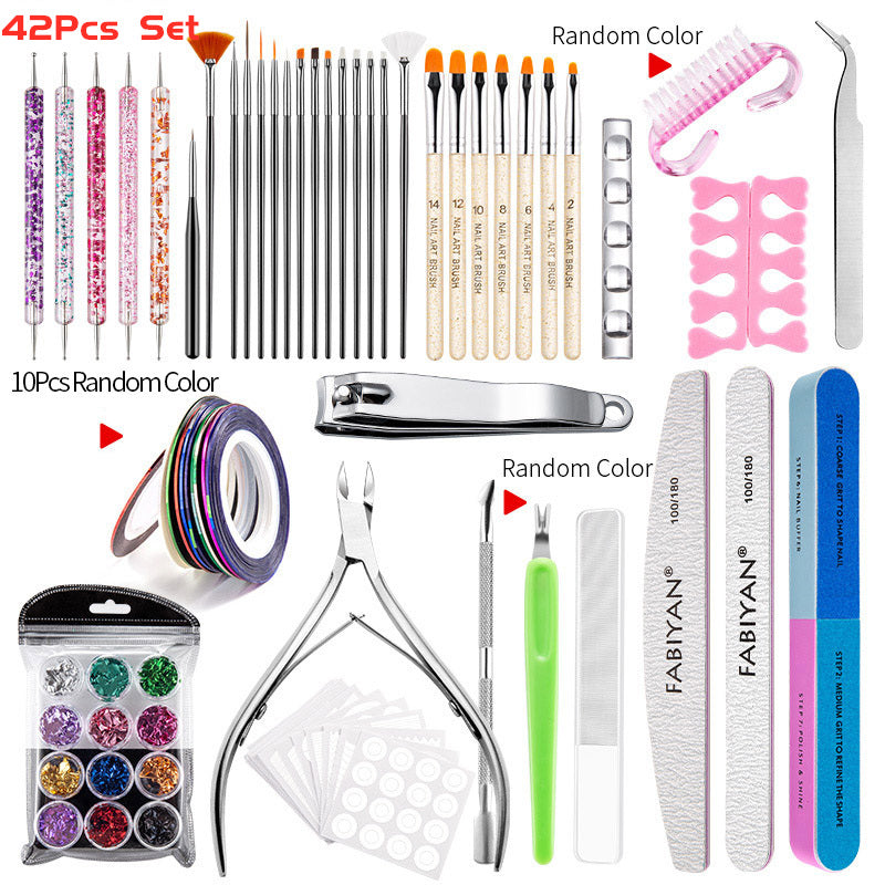 22/42Pcs Nail Art Dotting Brush Manicure Set Polishing Sanding File Dead Skin Nail Polish Remover Tools Decorations Kit