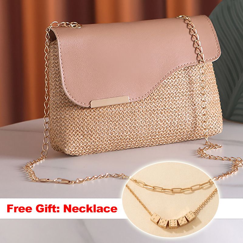 Women Small Cross-body Bag Ladies Chain Bag Phone Bag Clutch Mini Straw Sling Bag (Necklace free gift)