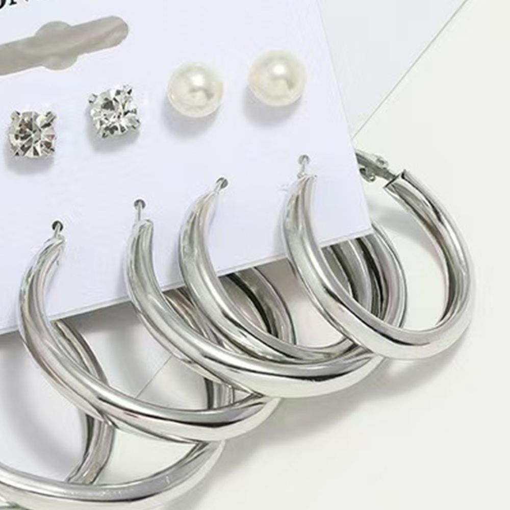 Pearl earrings Stud Metal gold earrings geometric fashion jewelry trendy personality light luxury high sense Oval earrings with diamond female 6 sets