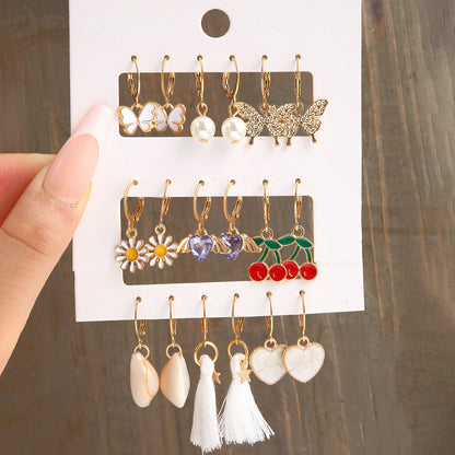 9 pairs of fashion jewelry new alloy inlaid rhinestone earrings set creative butterfly peach cherry pearl earrings Valentine's Day girlfriend gift for women