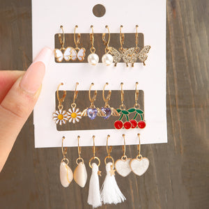 9 pairs of fashion jewelry new alloy inlaid rhinestone earrings set creative butterfly peach cherry pearl earrings Valentine's Day girlfriend gift for women