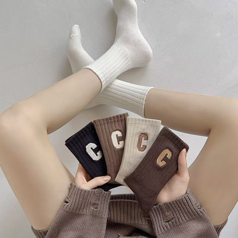 5 Pairs Of Socks Cotton Stockings Bling Ladies Trend All-fit Mid-tube Socks Autumn Winter Vertical Bar Letter Kinematic Growth Socks