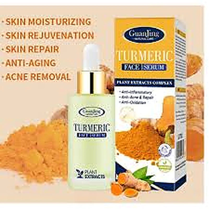 Guangling Turmeric Face Serum packaging with product and box on a beige background