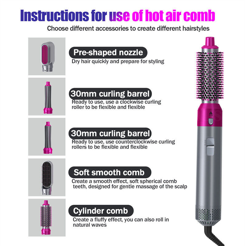 5 In 1 Hair Dryer Comb One Step Multi Functional Hair Curling Styling Straightener Hair Roller Comb Hot Air Styler Hair Curler Electric Air Iron Wand Brush