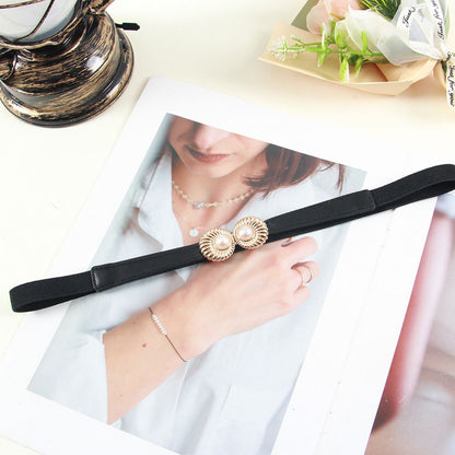 2pcs Pearl Buckle Belt New style women's belts women's elastic belts fashionable elastic pearl button coat dress versatile accessories