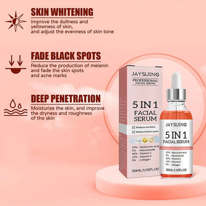 5 in 1 Face Serum Anti-wrinkle Hydrating Hyaluronic Acid Serum Vitamin C Facial Essence Lightening Spots Vitamin E Essence Smoothing and Brightening Care Niacinamide Collagen Hydrating and Moisturizin