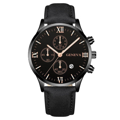 3PCS Fashion Classic Mens Black Watches Set Men Business Quartz Watch Male Calendar Wristwatch Leather Bracelet