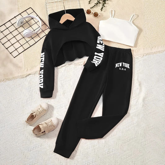 3-Piece Set(2Tops+1Pants) Girls' Spring/Fall Fashion Clothing Set: Cropped Hoodie, Tank Top & Sporty Outfit