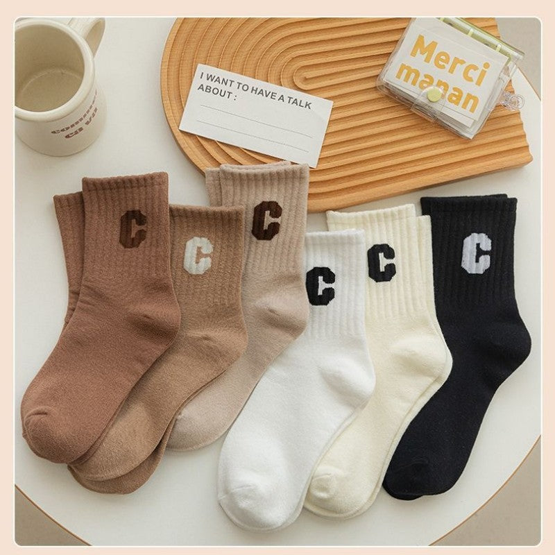 5 Pairs Of Socks Cotton Stockings Bling Ladies Trend All-fit Mid-tube Socks Autumn Winter Vertical Bar Letter Kinematic Growth Socks