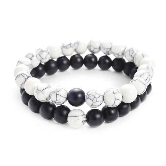 Set Bracelet Couples Distance Black White Natural Lava Stone Tiger Eye Beaded Yoga Bracelets for Men Women Elastic Rope Jewelry