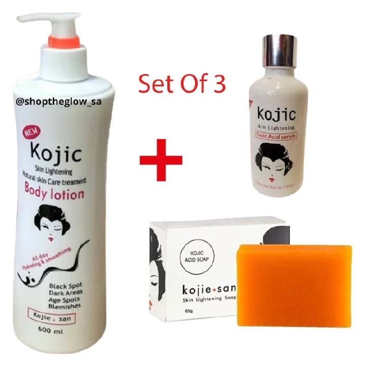3 Pack Kojie San Kojic Skin Lightening Kojic Lotion, Serum And Soap Skin Care Series 3 Items, Gold Caviar Extract Helps With Whitening and Revitalising Your Skin ( Pack Of 3 Piece Set ) Skin Care Set