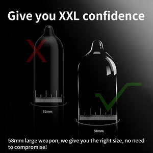 A 58mm extra-large, ultra-thin, extra-large male condom is inserted naked into the penis condom